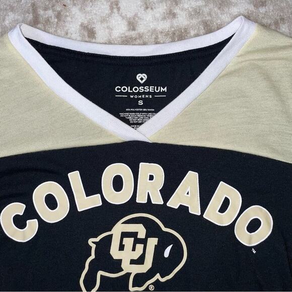Colosseum brand black & gold CO CU Buffs graphic sports Tee SZ SM V-neck - Picture 3 of 6